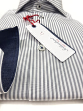 Load image into Gallery viewer, Camicia Uomo puro cotone a righe grigia alta qualità bacchettino rigato grigio titolo 120 made in italy