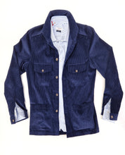 Carica l'immagine nel visualizzatore di Gallery, Giacca Sahariana Overshirt Safari blu corduroy velluto 4 tasche gabardina 100% cotone Made in italy