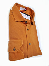 Load image into Gallery viewer, Polo Camicia giallone senape  piquet Jersey in maglia morbida manica lunga alta qualità puro cotone  made in italy knit Jersey piquet
