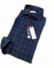 Carica l'immagine nel visualizzatore di Gallery, Camicia a quadri velluto blu brown cotone fantasia made in italy