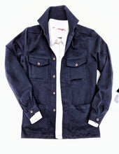 Carica l'immagine nel visualizzatore di Gallery, Giacca Overshirt Sahariana Safari Gabardina blu inserto scozzese 4 tasche 98% cotone 2%elastane Made in italy