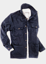 Carica l'immagine nel visualizzatore di Gallery, Giacca Overshirt Sahariana Safari Gabardina blu inserto scozzese 4 tasche 98% cotone 2%elastane Made in italy