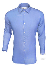 Load image into Gallery viewer, Camicia rigata puro cotone bianco azzurro con inserto in denim blu