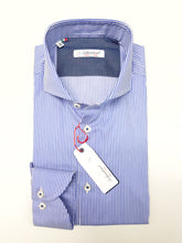 Load image into Gallery viewer, Camicia rigata puro cotone bianco azzurro con inserto in denim blu