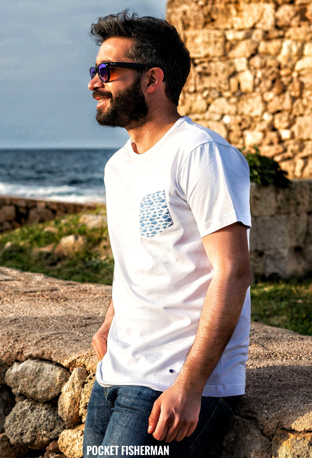 T-shirt made in italy basic con taschino fantasia fish 100% cotone jersey pettinato -MODELLO fisherman-