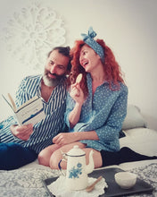 Carica l'immagine nel visualizzatore di Gallery, Turbante Fashion in lino Fantasia rigata design pois azzurro 32 Made in Italy