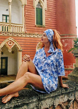 Carica l&#39;immagine nel visualizzatore di Gallery, Copricostume Abito Camicia  Caftano donna fantasia paisley bianco azzurro viscosa lino Made in italy
