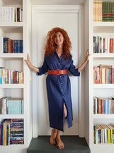 Carica l'immagine nel visualizzatore di Gallery, VESTITO LUNGO Donna Lino blu camicione Vestito collo FINAM made in italy dress shirt