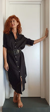 Carica l&#39;immagine nel visualizzatore di Gallery, VESTITO LUNGO Donna Lino NERO camicione Vestito collo FINAM  made in italy dress shirt
