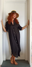 Load image into Gallery viewer, VESTITO LUNGO Donna Lino NERO camicione Vestito collo FINAM  made in italy dress shirt
