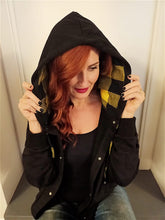 Load image into Gallery viewer, Felpa cardigan DONNA unisex -nera con Cappuccio check a quadri giallo nero puro cotone made in Italy Fantasia 100% cotone Unisex Sweatshirt blue Hoodie