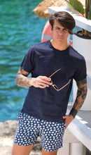 Carica l'immagine nel visualizzatore di Gallery, Costume da Bagno in Lino foliage abbinato a Tshirt in lino blu con inserti Box Mare slip interno Made in Italy