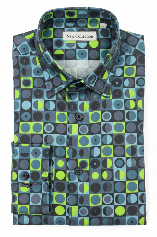 Camicia stampata Fantasia verde blu geometrica stampa  Made in Italy