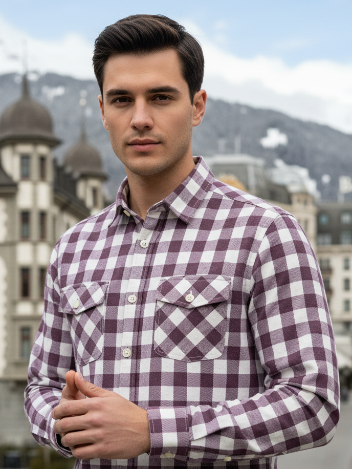 Camicia scozzese quadri bordeaux, doppie tasche e pattine puro cotone Made in Italy