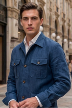 Load image into Gallery viewer, Giacca in Lino Sahariana Overshirt Safari blu 4 tasche gabardina 100% lino Made in Italy
