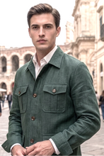 Carica l'immagine nel visualizzatore di Gallery, Overshirt in Lino Verdone Giacca Sahariana Overshirt Safari Verdone 4 tasche gabardina 100% lino Made in Italy (Copia) (Copia)
