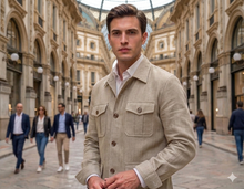 Load image into Gallery viewer, Overshirt in Lino Beige Giacca Sahariana Overshirt Safari Sabbia 4 tasche gabardina 100% lino Made in Italy (Copia)
