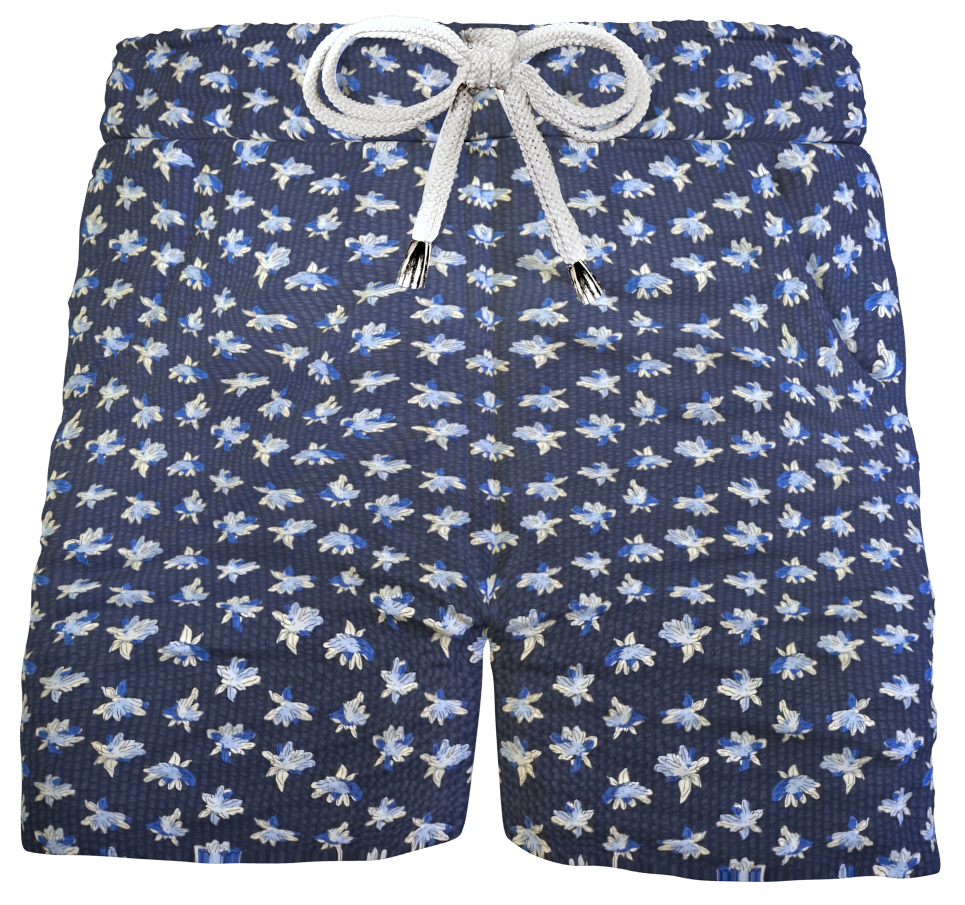 Pantaloncino Shorts Bermuda Fantasia Flower Seersucker Blu  100% cotone 2 tasche laterali Made in Italy