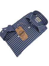 Carica l&#39;immagine nel visualizzatore di Gallery, Camicia fasciata blu a righe bianche Uomo puro cotone alta qualità made in italy men shirt blue stripe high quality

