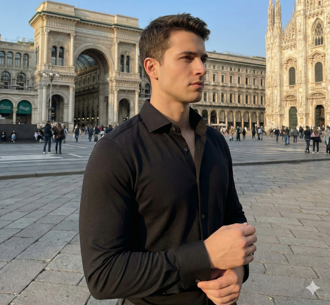 Polo Camicia nera in maglia jersey filato traspirante 100% cotone,anallergico colletto morbido Made in Italy