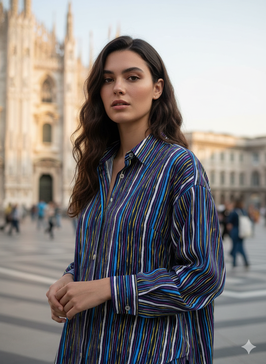 Camicione Donna fantasia stampata stripe multicolor fondo blu Casual Camicione puro Cotone Made in Italy