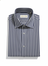 Carica l&#39;immagine nel visualizzatore di Gallery, Camicia Uomo Fasciata blu rigato bianco su fondo blu twill titolo 120 alta qualità elegante puro cotone colletto mezzo francese oxford  Made in Italy
