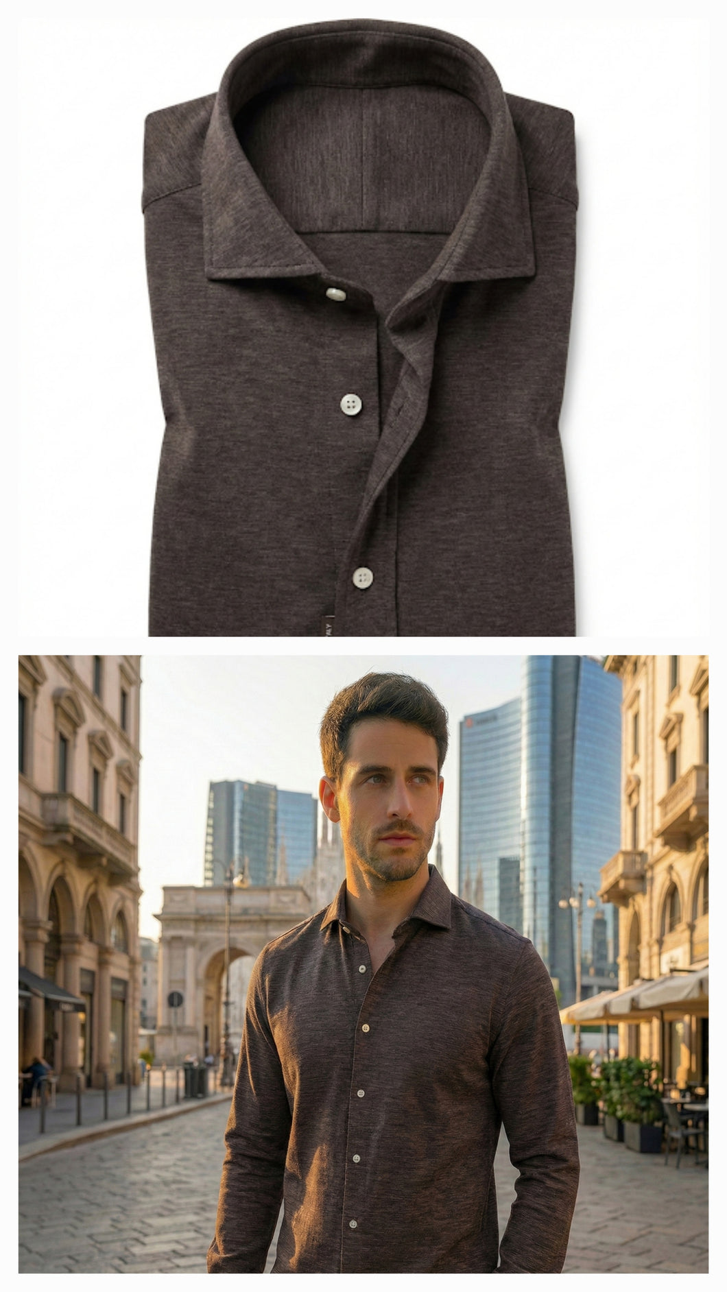Polo Camicia tessuto tecnico marrone in maglia jersey no Stiro, fresco filato traspirante performante ,anallergico,anti alone alta qualità colletto morbido Made in Italy