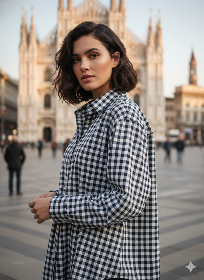 Camicia a quadri Donna  fantasia a quadri grigio nero Casual Camicione puro Cotone Made in Italy