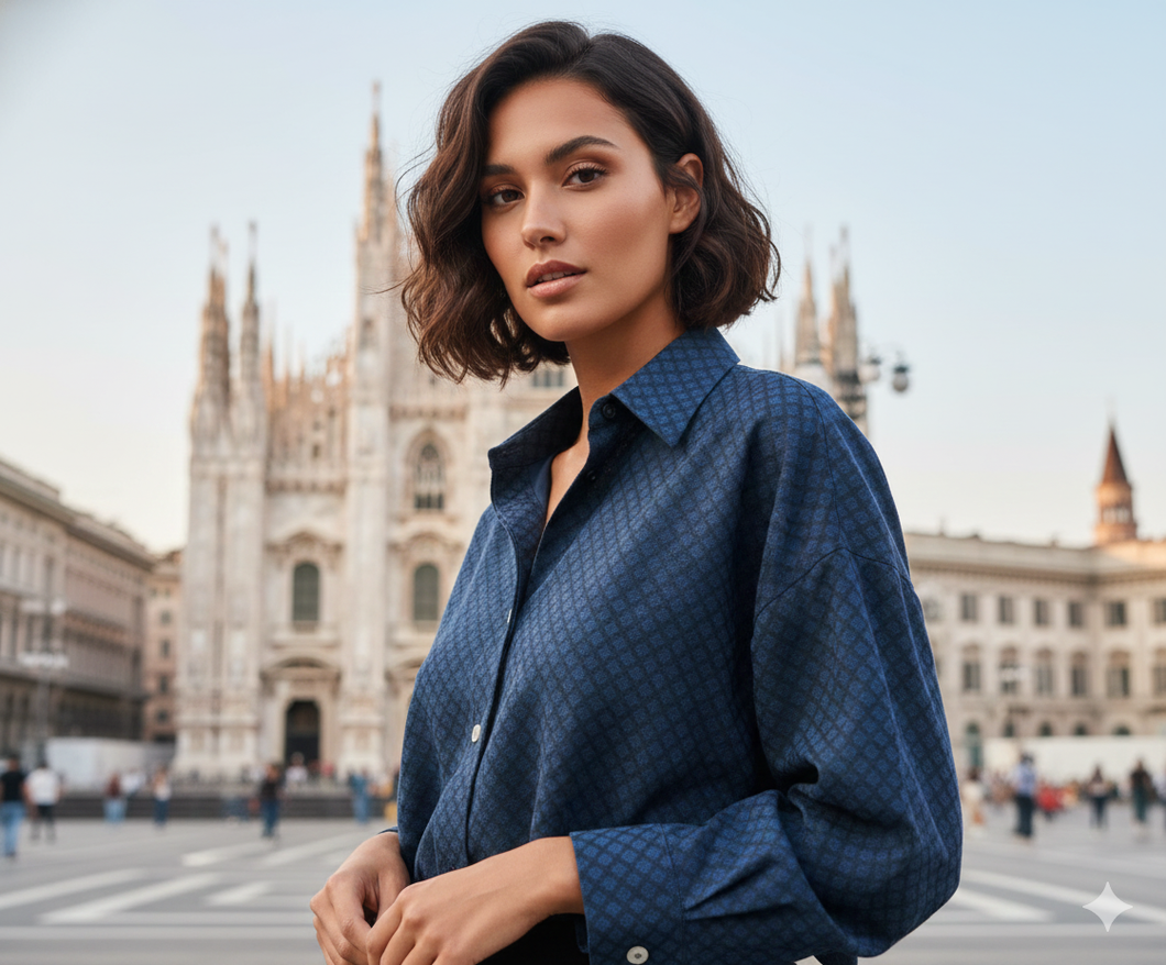 Camicia Donna blu denim fantasia Casual Camicione puro Cotone Made in Italy