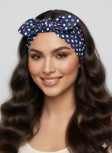 Carica l&#39;immagine nel visualizzatore di Gallery, Turbante blu fantasia pois multicolor cotone Fascia Capelli Made in Italy Hairband headband
