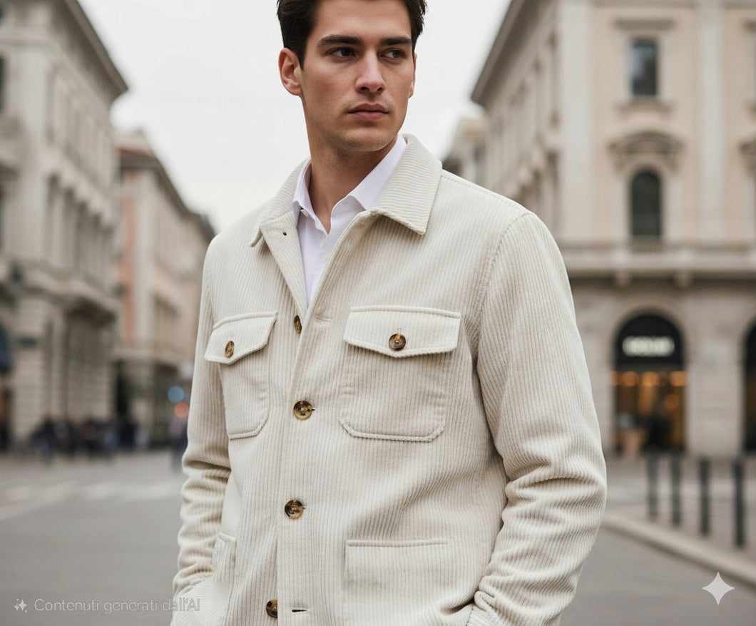 Giacca Overshirt Field Jacket velluto bianco panna 4 tasche  100% cotone Made in Italy