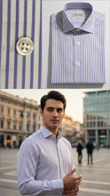 Carica l&#39;immagine nel visualizzatore di Gallery, Camicia Uomo a righe lilla rigato popeline titolo 120 alta qualità elegante puro cotone colletto mezzo francese oxford  Made in Italy
