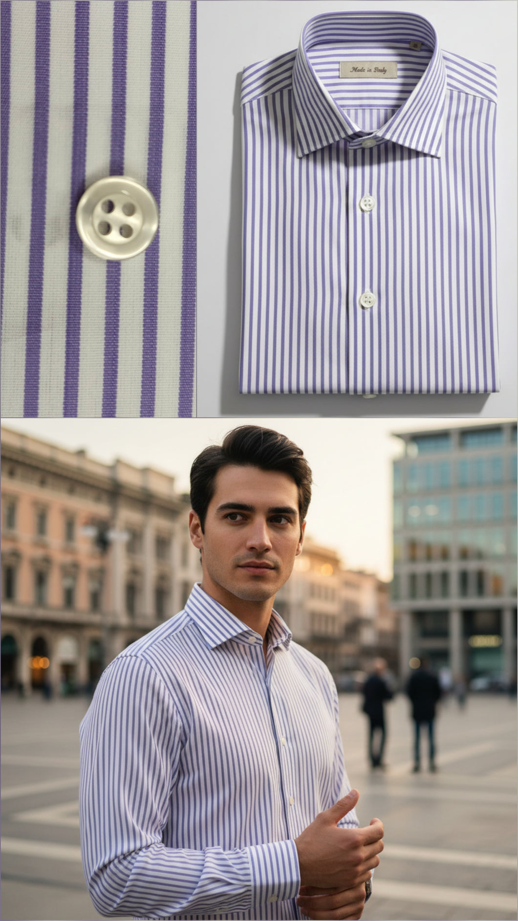 Camicia Uomo a righe lilla rigato popeline titolo 120 alta qualità elegante puro cotone colletto mezzo francese oxford  Made in Italy