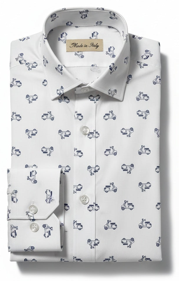 Camicia Uomo fantasia Vespa blu su fondo bianco puro cotone colletto mezzo francese  Made in Italy