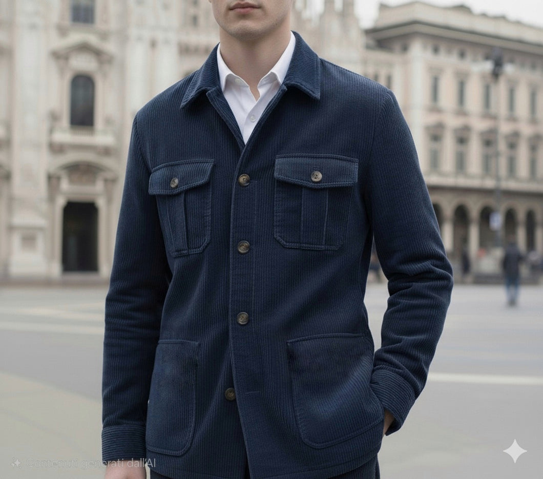 Giacca Sahariana Field Jacket velluto blu 4 tasche Overshirt 100% cotone Made in Italy