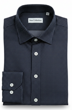 Load image into Gallery viewer, Camicia uomo blu micro fantasia punta spillo bianco 100% cotone Made in Italy
