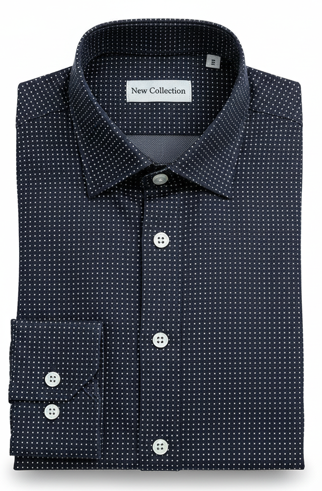 Camicia uomo blu micro fantasia punta spillo bianco 100% cotone Made in Italy