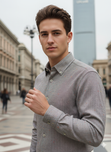 Carica l&#39;immagine nel visualizzatore di Gallery, Camicia Uomo flanella chevron grigio vinaccia fantasia spigatino bottonato puro cotone 100% Made in Italy
