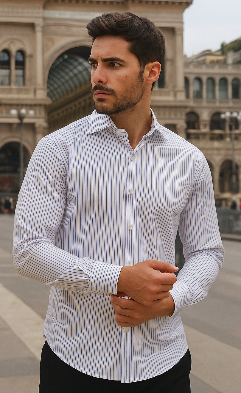 Camicia Rigato bacchettino azzurro alta qualità titolo 100 righino azzurro blu puro cotone Made in Italy