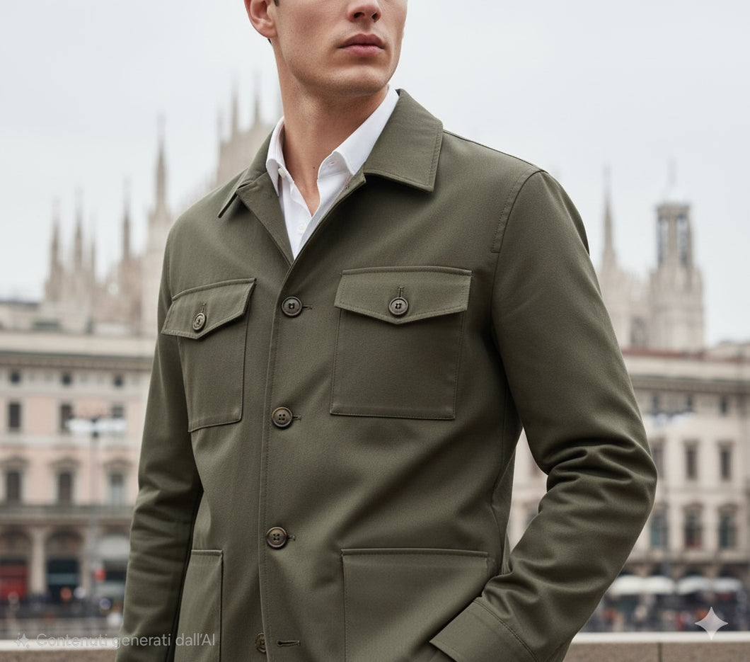Giacca Overshirt Field Jacket Gabardina verdone militare 4 tasche gabardina 100% cotone Made in Italy