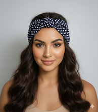 Carica l&#39;immagine nel visualizzatore di Gallery, Turbante blu a pois cotone fantasia Made in Italy Fascia Capelli Hairband headband
