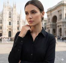 Carica l&#39;immagine nel visualizzatore di Gallery, Camicia Nera Donna Slim puro Cotone fresco jersey Made in Italy
