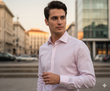 Carica l&#39;immagine nel visualizzatore di Gallery, Camicia Uomo a righe rosa rigato popeline titolo 120 alta qualità elegante puro cotone colletto mezzo francese oxford  Made in Italy

