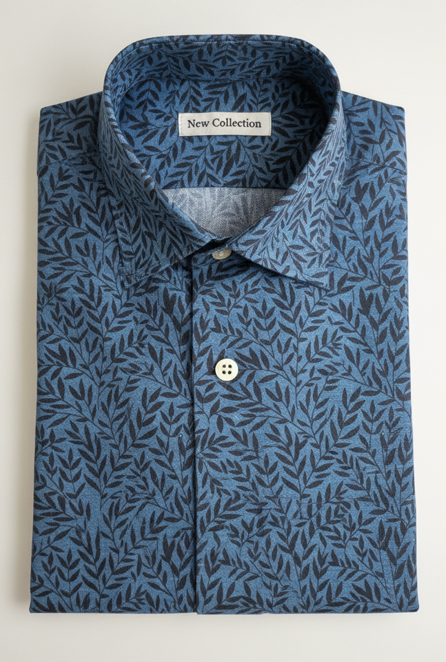 Camicia blu denim fantasia puro cotone morbido alta qualità made in italy knit