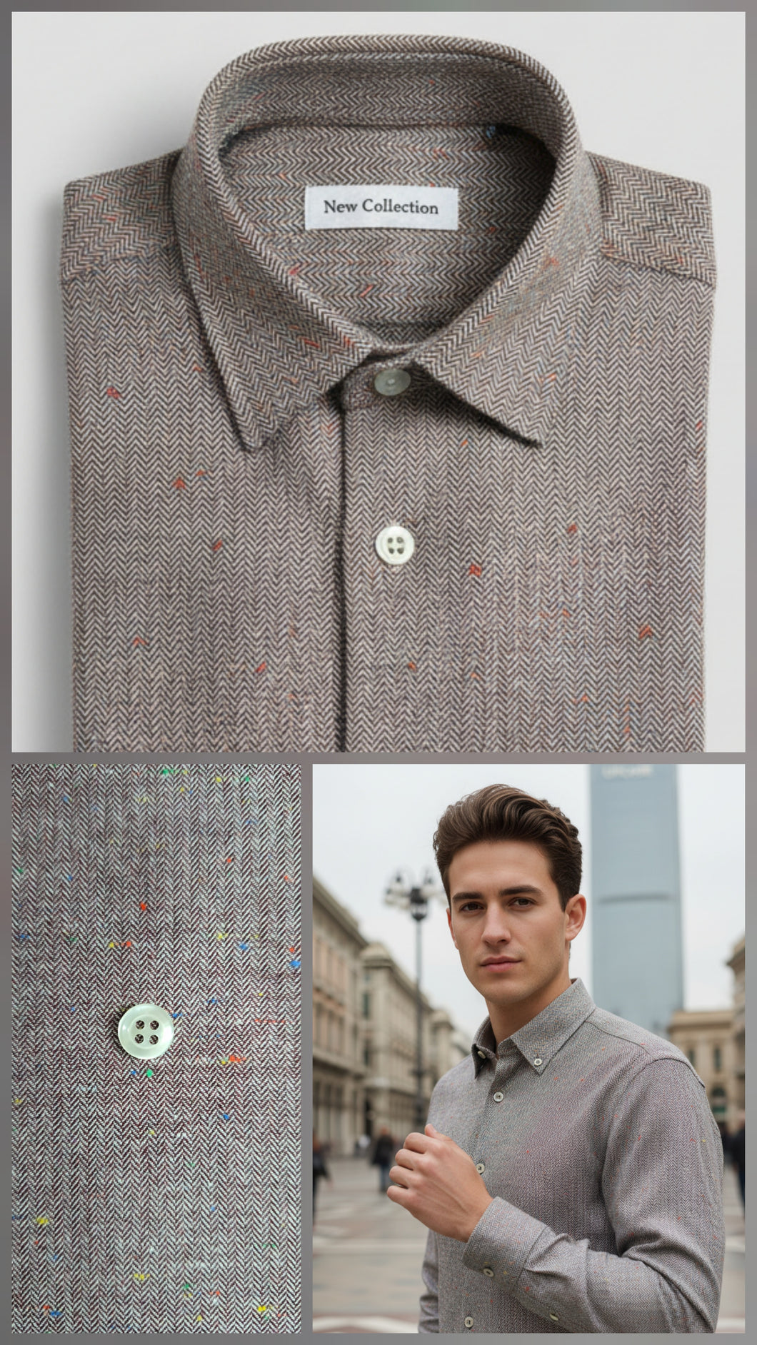 Camicia Uomo flanella chevron grigio vinaccia fantasia spigatino bottonato puro cotone 100% Made in Italy