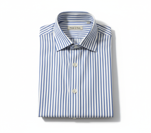 Carica l&#39;immagine nel visualizzatore di Gallery, Camicia Uomo a righe azzurra rigato popeline titolo 120 alta qualità elegante puro cotone colletto mezzo francese oxford  Made in Italy
