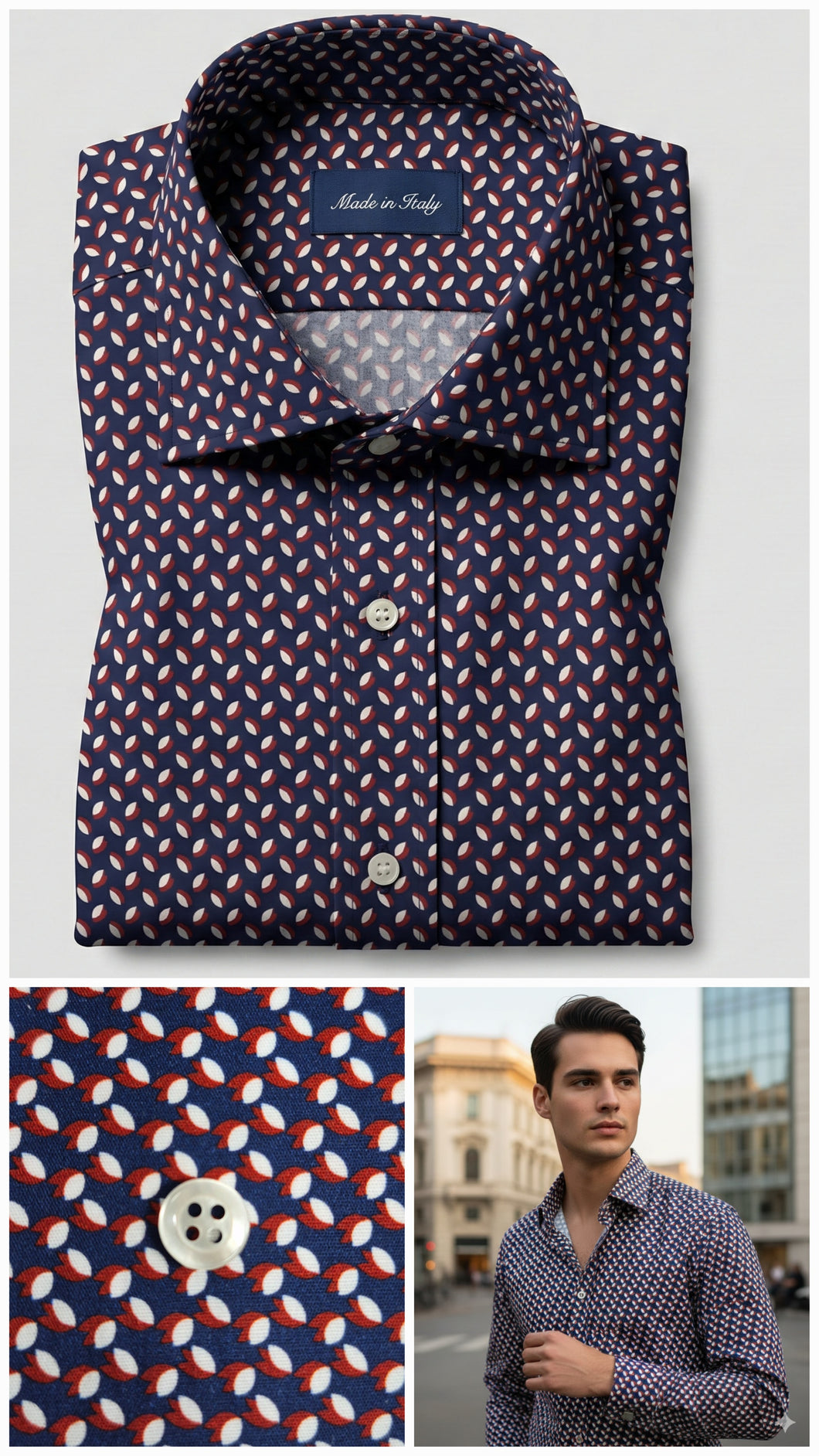 Camicia Uomo fantasia blu rossa 100% cotone popeline Made in Italy