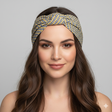 Carica l&#39;immagine nel visualizzatore di Gallery, Turbante in cotone fantasia giallo blu Made in Italy Fascia Capelli Hairband headband
