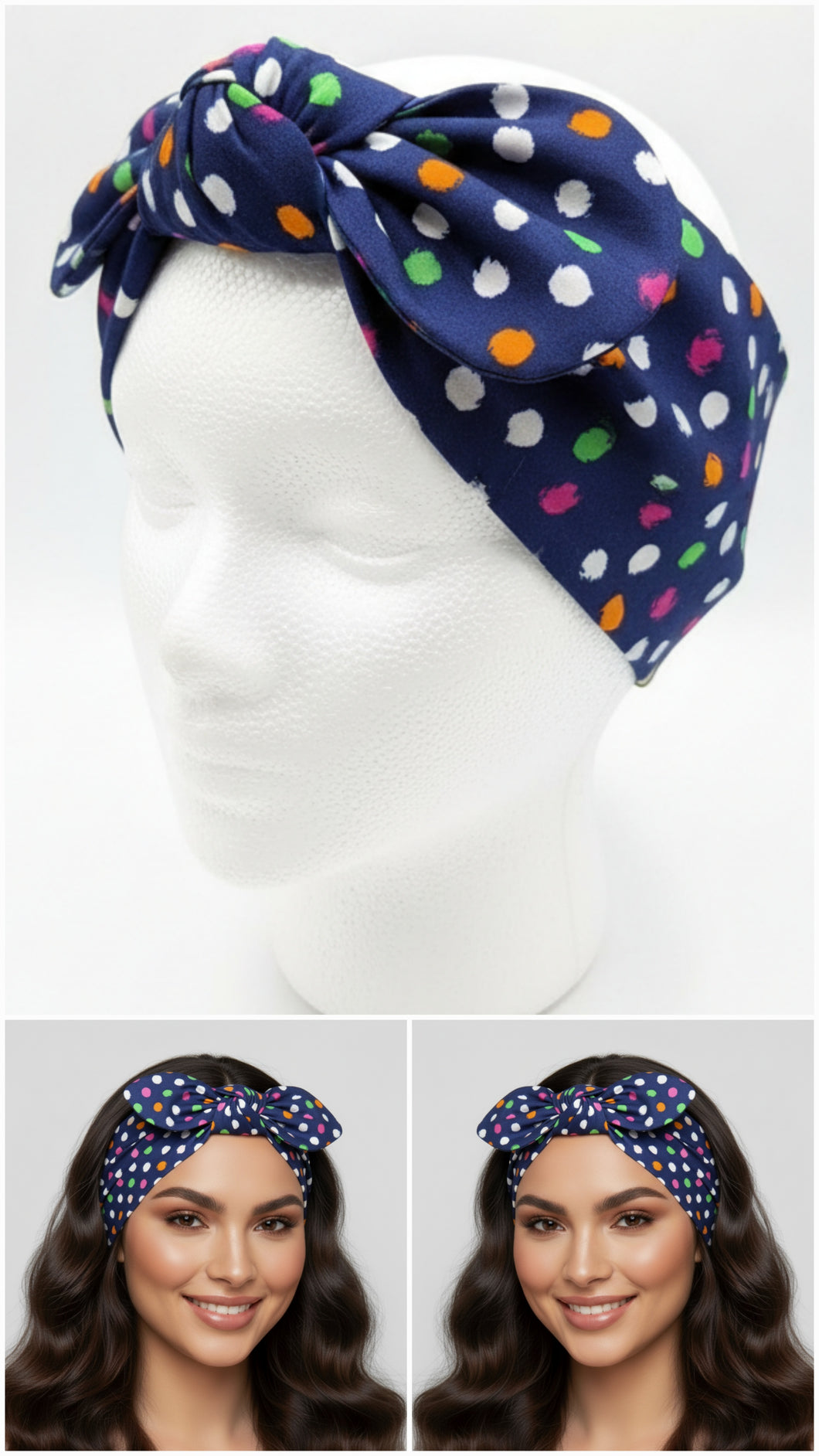 Turbante blu fantasia pois multicolor cotone Fascia Capelli Made in Italy Hairband headband
