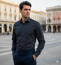 Load image into Gallery viewer, Camicia uomo blu micro fantasia punta spillo bianco 100% cotone Made in Italy
